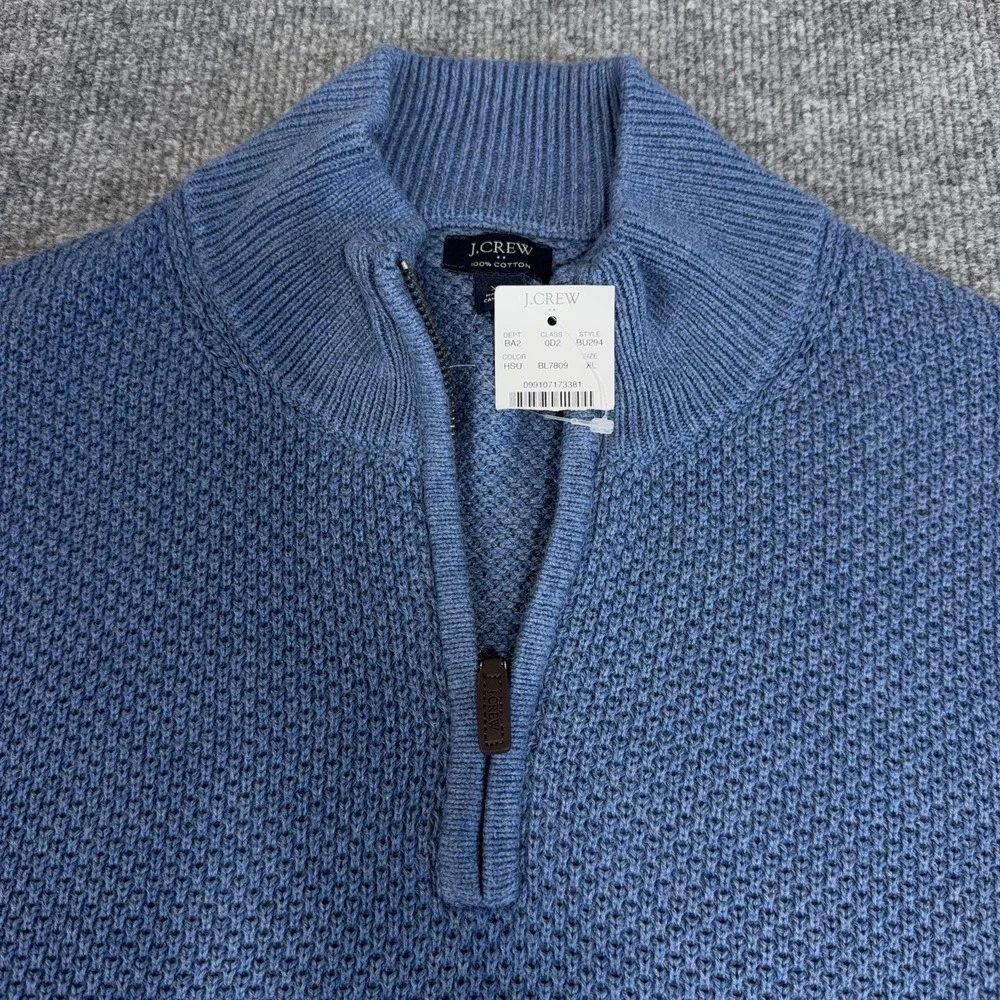J.CREW Sweater Men XL Blue Pique Half Zip Soft Cotton 1/4 1/2 Waffle Knit NEW